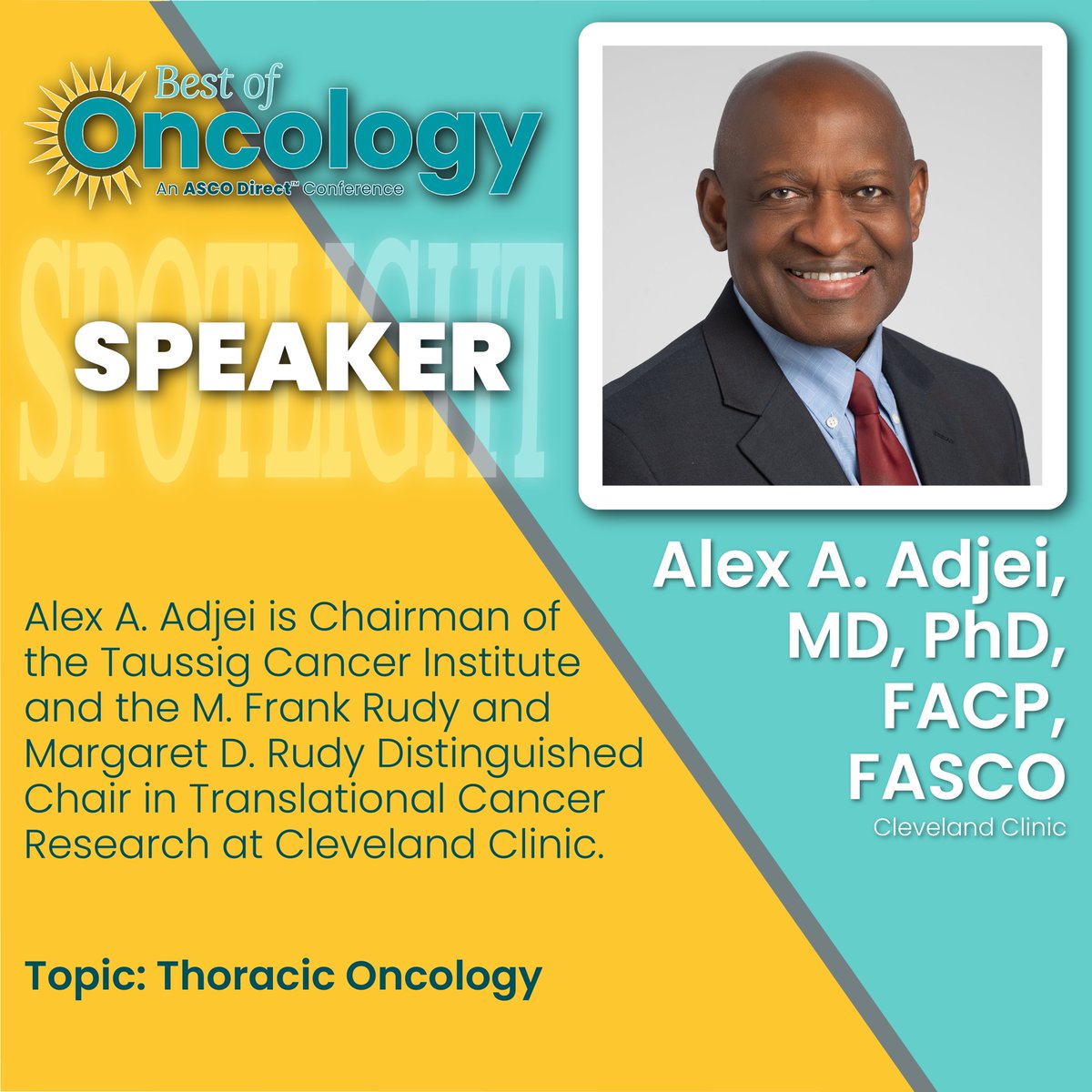 We are thrilled to spotlight Dr. Alex Adjei, speaking at our second annual Tri-State ASCO Direct™ Best of Oncology Conference on October 1st!

To learn more and register, please visit: ccabestofoncology.org/speaker-spotli…

<a href="/ASCO/">ASCO</a>
 
#oncology #asco22 #BestofOncology #CincinnatiCancerAdvisors