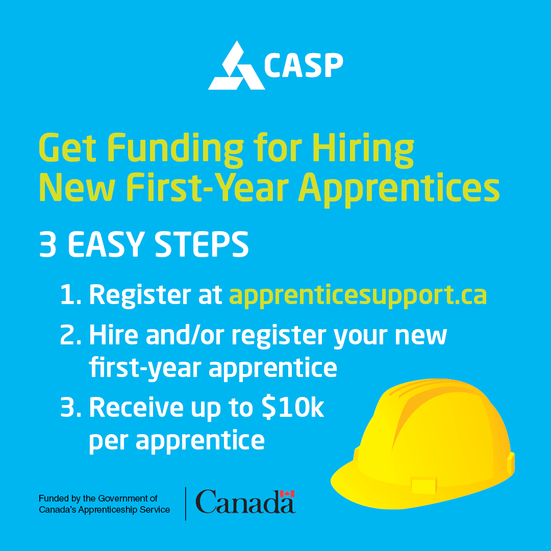 Receive up to $10,000 to hire a new first-year apprentice in just three easy steps! Register at apprenticesupport.ca.

#apprenticesupport #apprentice #skilledtrades