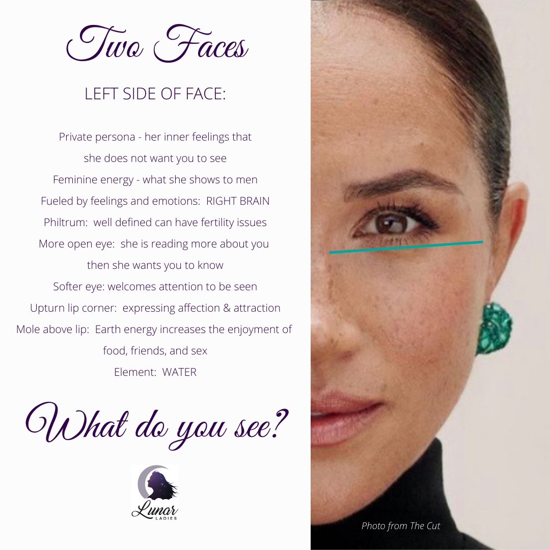 LunarLadies's tweet photo. I was struck by the recent photo of Megan Markle and how profound the difference between the left and right sides of her face is. Using the art of Chinese Face Reading, here are my initial findings:  
#MeghanMarkle #faceanalysis
What do you see? @Knesix https://t.co/WRTnA3gLc5
