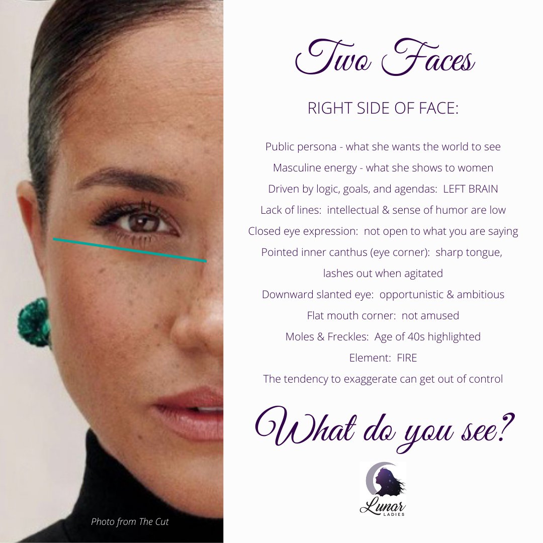 LunarLadies's tweet photo. I was struck by the recent photo of Megan Markle and how profound the difference between the left and right sides of her face is. Using the art of Chinese Face Reading, here are my initial findings:  
#MeghanMarkle #faceanalysis
What do you see? @Knesix https://t.co/WRTnA3gLc5