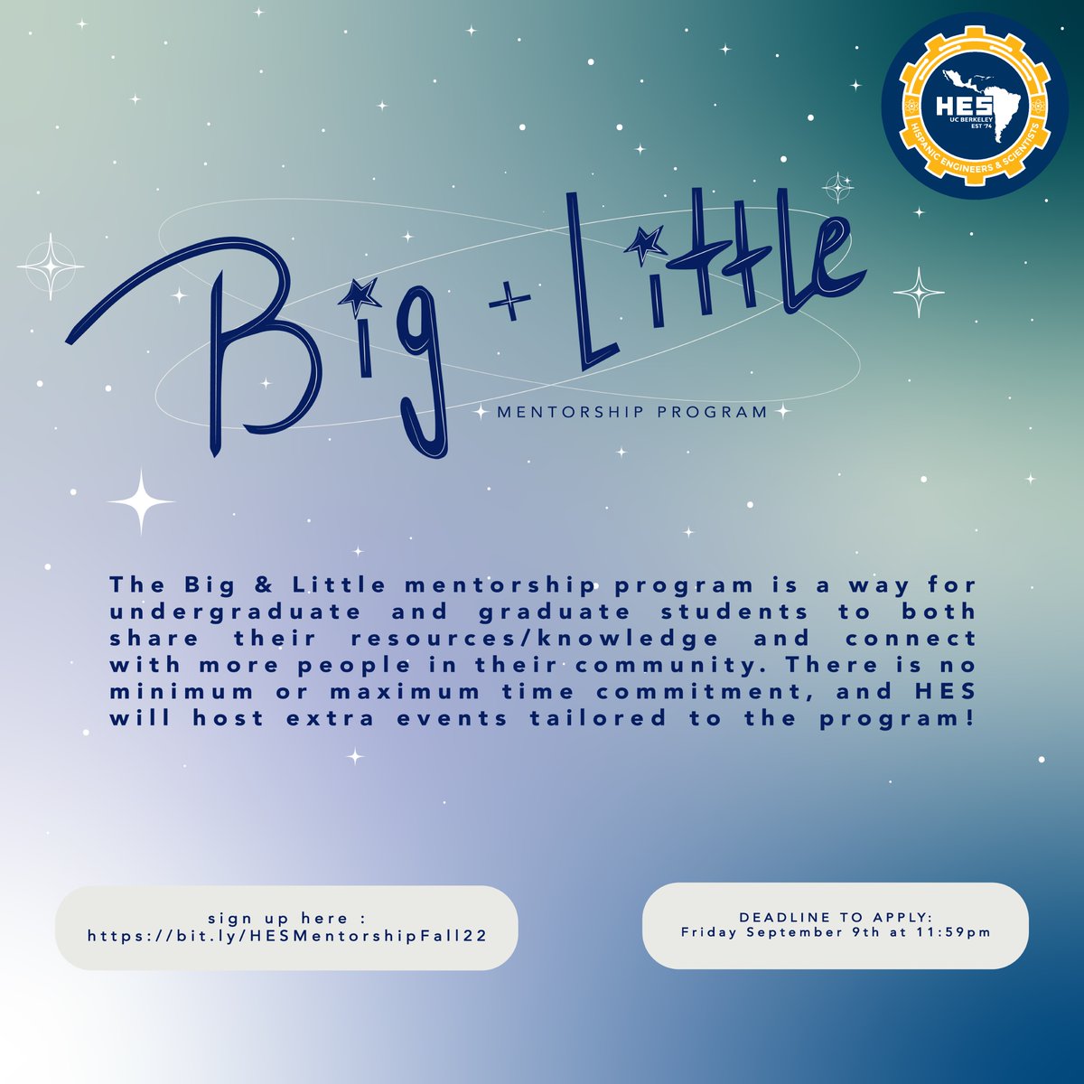 If you need help navigating Berkeley or want to guide someone getting started here at Cal, check out our Big & Little program! Check out the form for more info or to be matched with someone! bit.ly/HESMentorshipF…