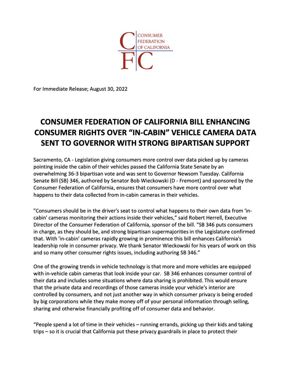 consumercal's tweet photo. For Immediate Release: Consumer Federation of California Bill Enhancing Consumer Rights over "In-Cabin" Vehicle Camera Data Sent to Governor with Strong Bipartisan Support @BobWieckowskiCA
#SB346 https://t.co/KigPbXw0Ln