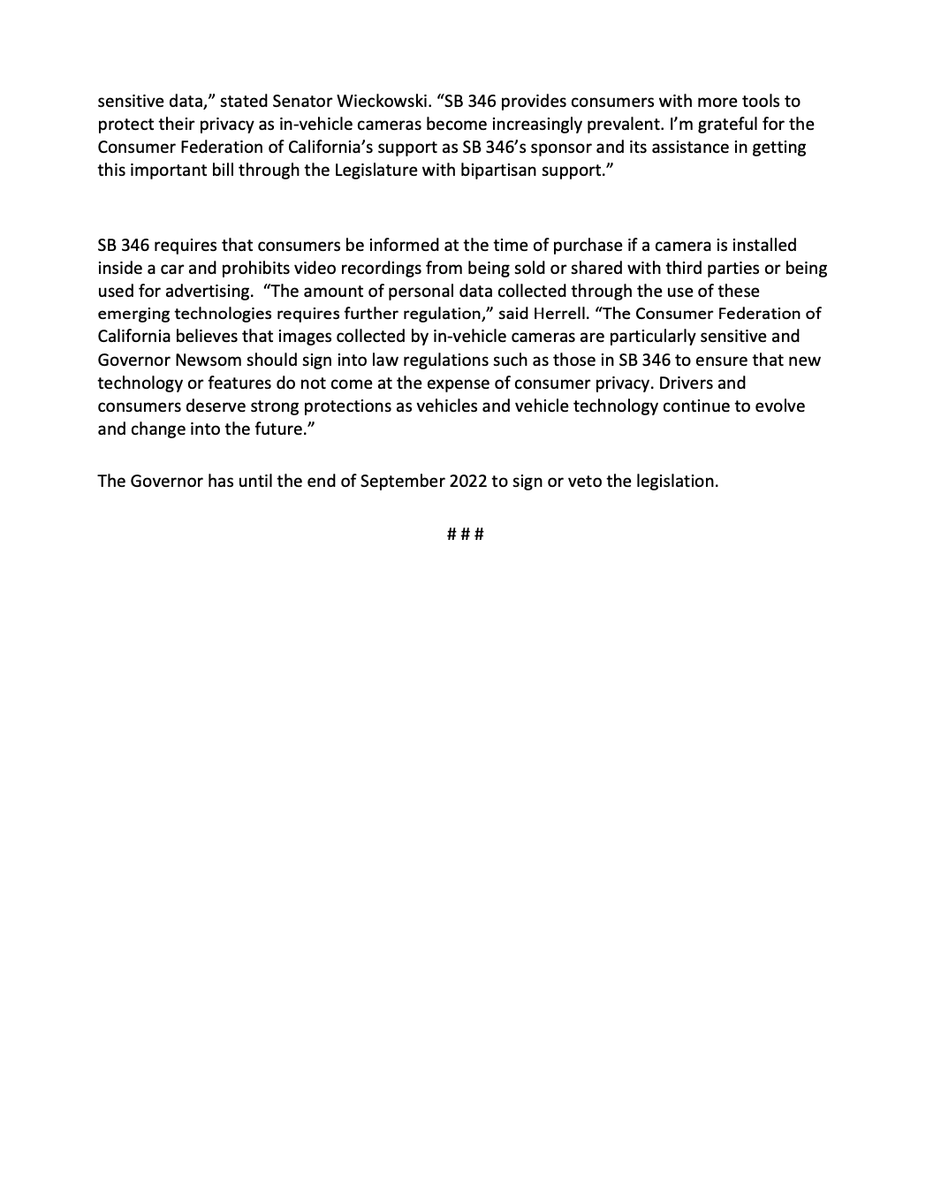 consumercal's tweet photo. For Immediate Release: Consumer Federation of California Bill Enhancing Consumer Rights over "In-Cabin" Vehicle Camera Data Sent to Governor with Strong Bipartisan Support @BobWieckowskiCA
#SB346 https://t.co/KigPbXw0Ln