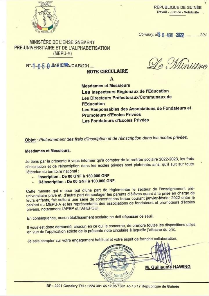RegardDetache's tweet photo. École Privée #Guinée 
Désormais les frais d'inscription plafonnés à 150 mille francs guinéens et réinscription à 👇
@GouvGN https://t.co/AWTAGitofR