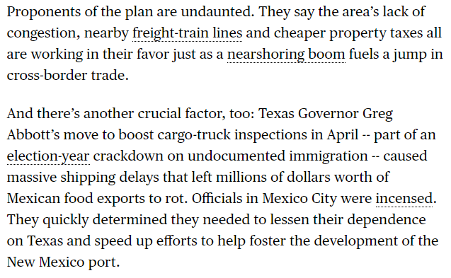 "With Abbott's Border Crackdown, New Mexico Looks to Take Texas Trade With New Port" bloomberg.com/news/articles/…