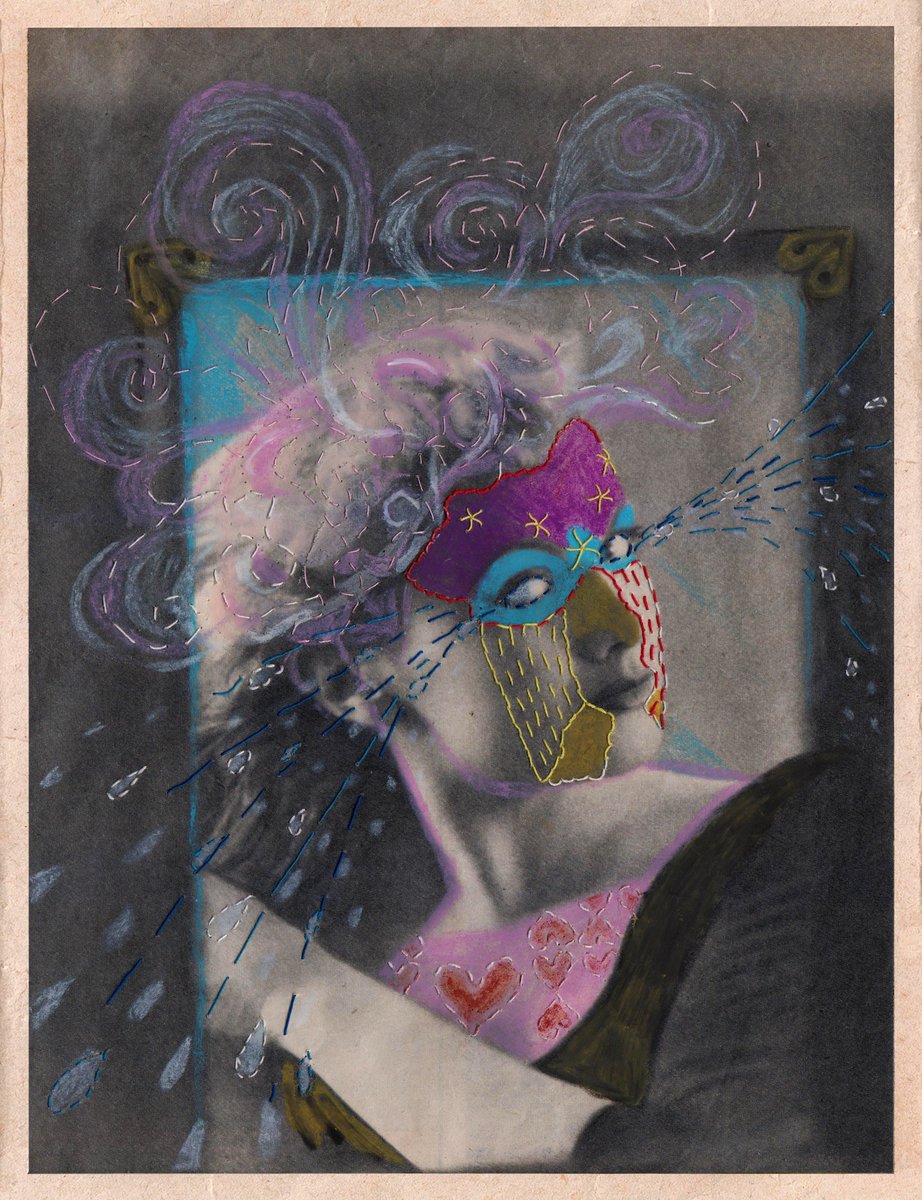 Hey friends, my first auction ever has started!🦸‍♀️🔥

"Casual Superpowers"

Pastels and hand embroidery on old magazine, 2022.
                  
Auction for 24h on <a href="/objktcom/">objkt</a> 
Starting bid 20 tez

link 🧵👇