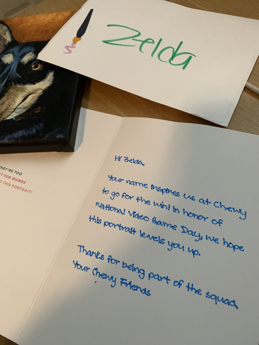 KendallBalchan's tweet photo. I'm officially a @Chewy customer for life thanks to this HAND-PAINTED portrait of my dog Zelda that they totally surprised me with! You captured her crazy essence perfectly! https://t.co/cPznKqpTFT