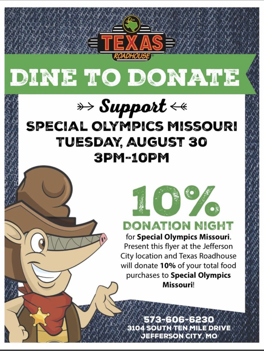 Join us at Texas Roadhouse for dinner in support of ⁦@SOMissouri! ⁩ #SOMOStrongerTogether #SOMOPremier