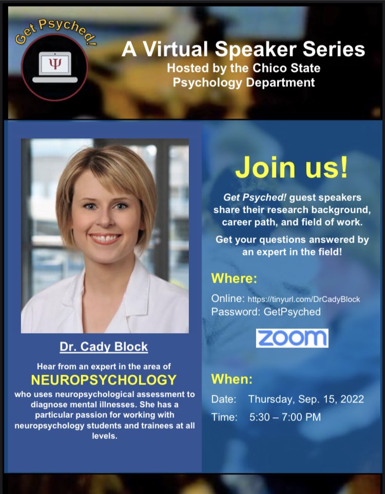 Are you an undergrad with an interest in #neuropsychology? Come check out the <a href="/ChicoState/">Chico State</a> “Get Psyched” virtual series! I’ll be speaking on Thursday 9/15/22. Can’t wait to share my love for the field 🧠 Please #RT to spread the word!