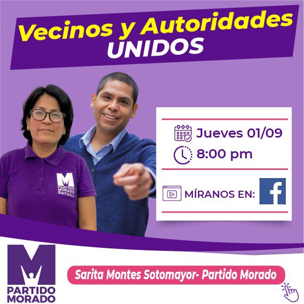 MoradosBarranco's tweet photo. Este *jueves 1 de setiembre* estara nuestra candidata a la alcaldía de #Barranco Sarita Montes junto con Guillermo Flores para conversar sobre La relación de las Autoridades Municipales con el Ciudadano.
Los esperamos desde las 8pm vía FacebookLive en Partido Morado - Barranco https://t.co/cSBNa3fwDw