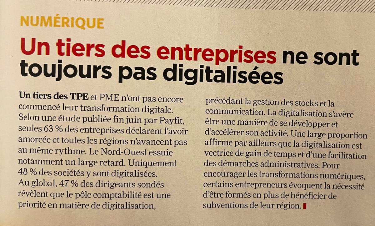 1/3 des TPE/PME françaises n’auraient pas entamé leur #transfonum selon <a href="/PayFit/">PayFit France</a> et <a href="/Beaboss_mag/">Be a Boss</a>