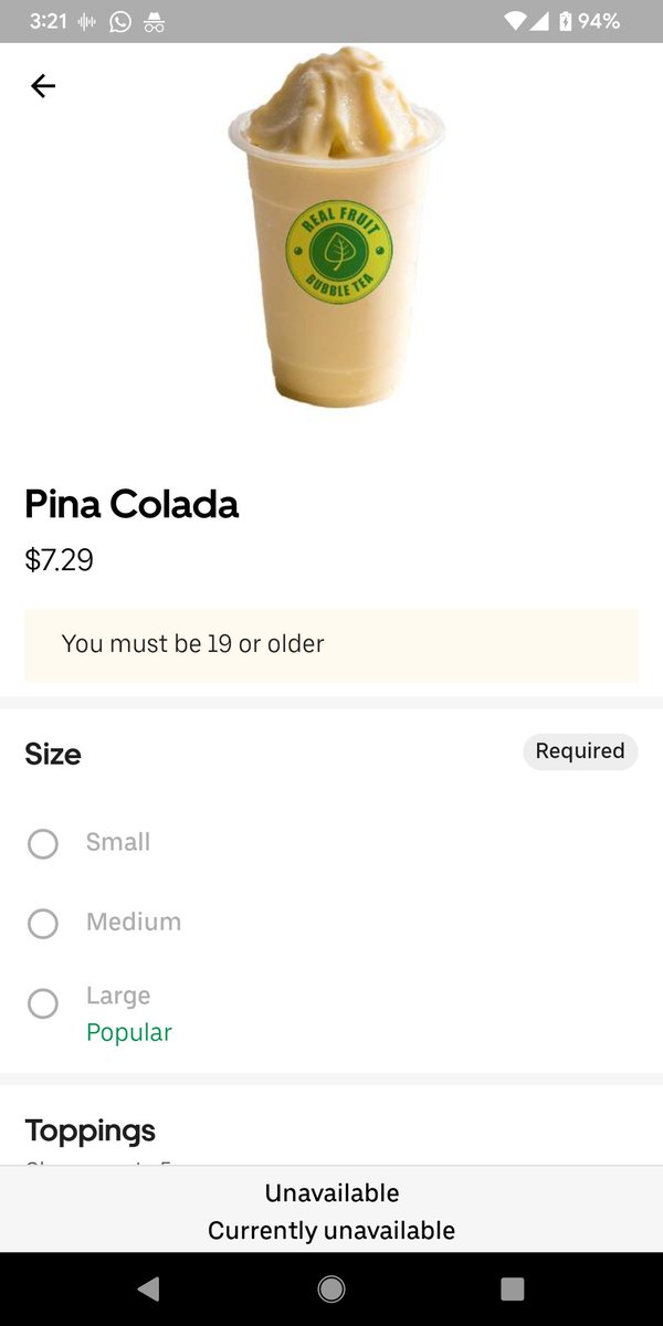 queencathsedral's tweet photo. @RFBubbleTea the @UberEats app won't allow customers to purchase the Pina Colada. I am older than 19 and cannot add to cart and @Uber_Support isn't addressing the issue. Please help! https://t.co/JV8SoD4M9S