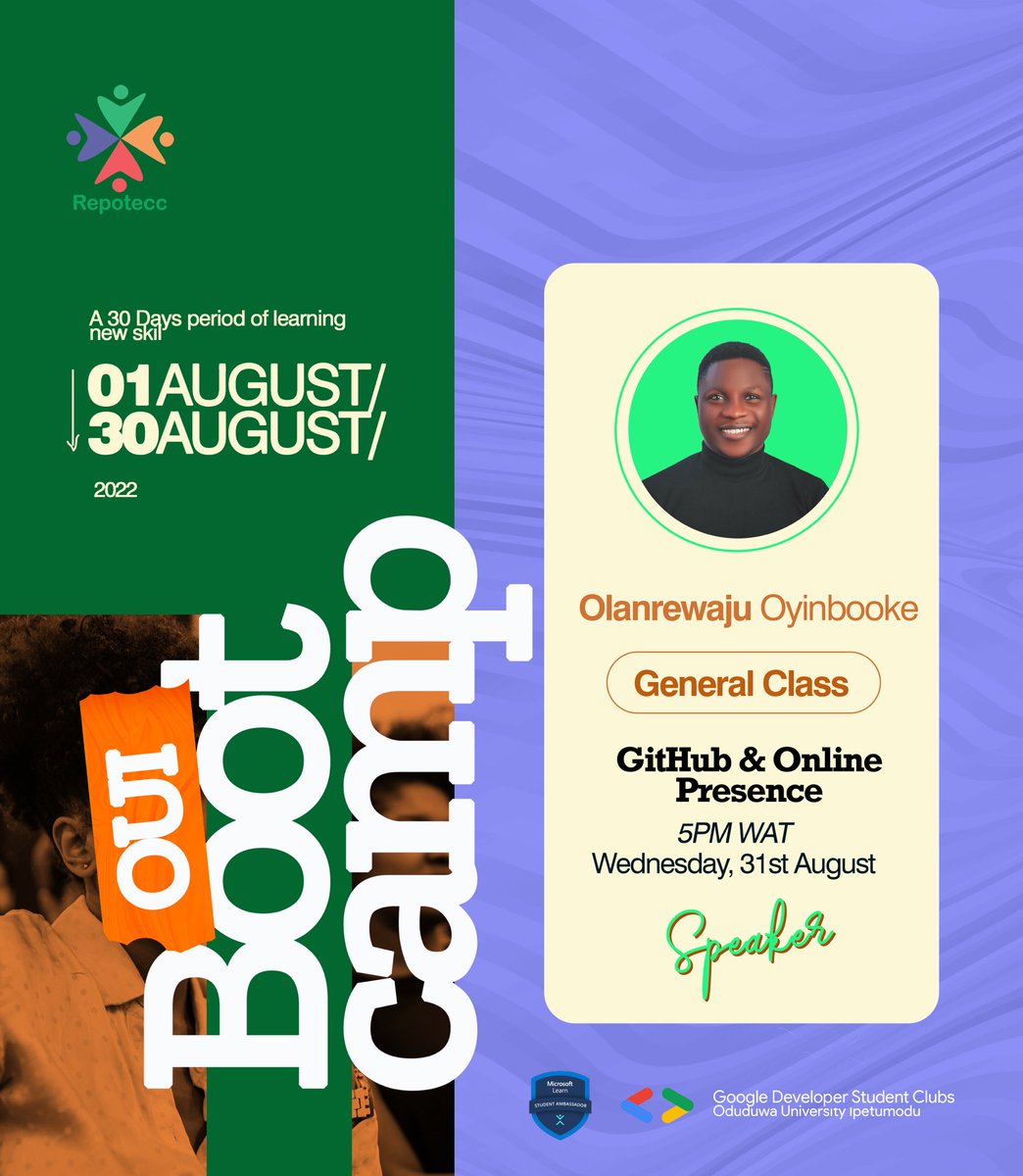 omololaalfred_'s tweet photo. #OUIBootcamp end tomorrow with @TheOyinbooke session: 
GitHub and online presence.

Does your GitHub profile and online presence communicate your expertise properly?

Join us by 5pm WAT tomorrow
@OluwatobiYusuf_ @RepoTecc https://t.co/4VZt8dDevn