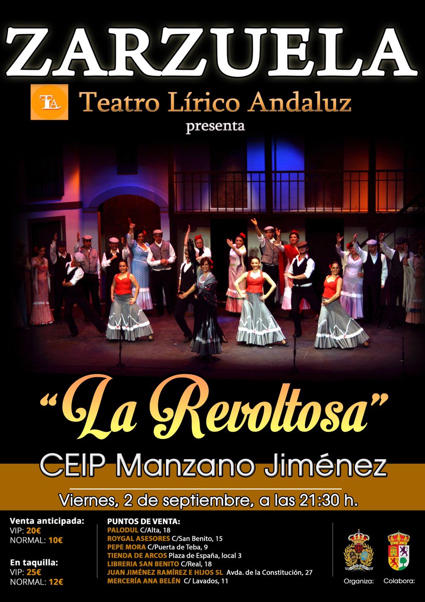 StoEntierro's tweet photo. Zarzuela en Campillos "LA REVOLTOSA" que se representará el viernes día 2 de septiembre a partir de las 21:30h en el CEIP Manzano Jimenez y estará a cargo de la compañía Teatro Lírico Andaluz. Ntra Hdad organiza este evento cultural en colaboración con el @AytoCampillos https://t.co/U9rbsIohBK