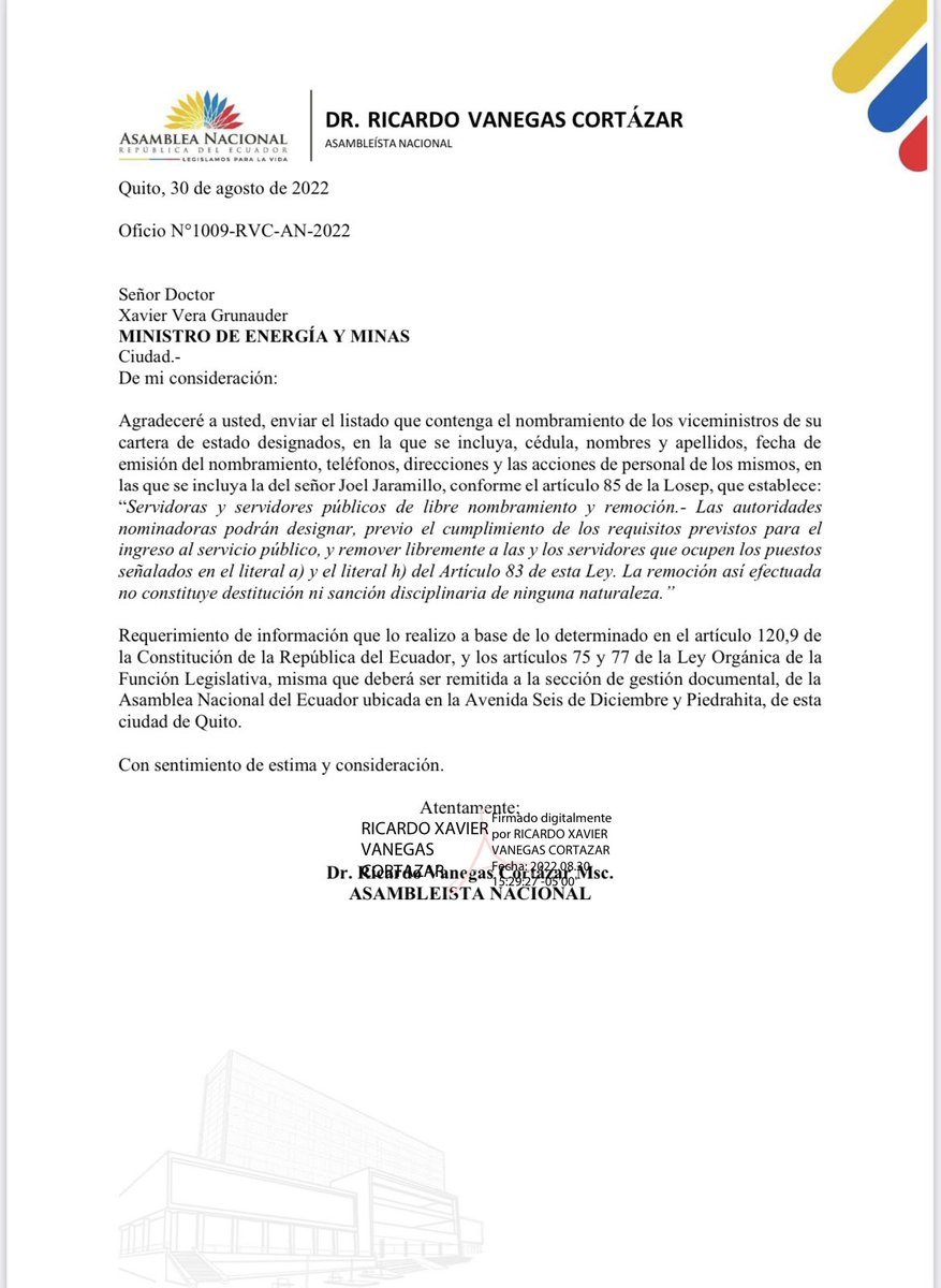 Ricardo_Vanegas's tweet photo. Fiscalizando a Xavier Vera, Ministro de energía y minas, he solicitado información sobre las causas de rotación de funcionarios en puestos de alto nivel. https://t.co/9hHLJkzq5r
