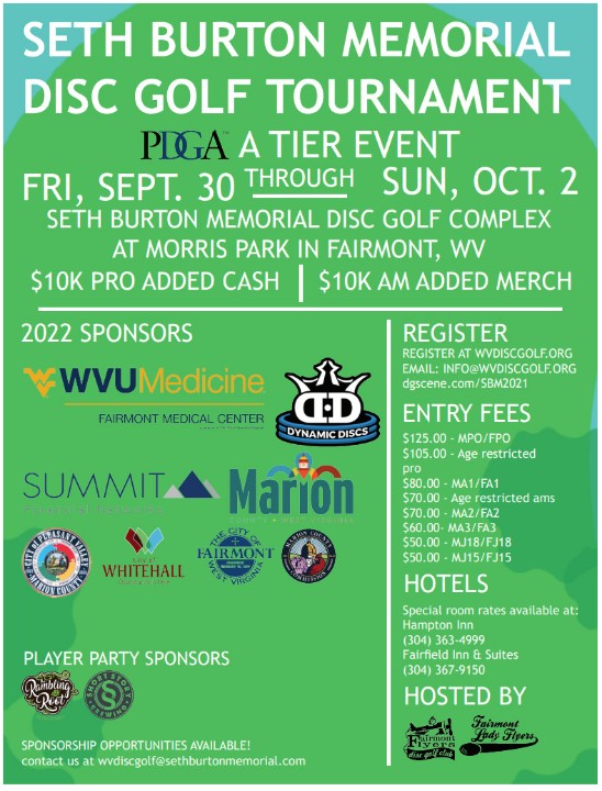 OrangeCrushDisc's tweet photo. The Seth Burton Memorial PDGA A-Tier sponsored by #WVUMedicine and @DynamicDiscs tees off 1 month from today! Spots are still available for many divisions so get in while you can! (2022, Fairmont Flyers Disc Golf Club) · Disc Golf Scene - https://t.co/Po2n3ilaXg https://t.co/x5PIKOiP31