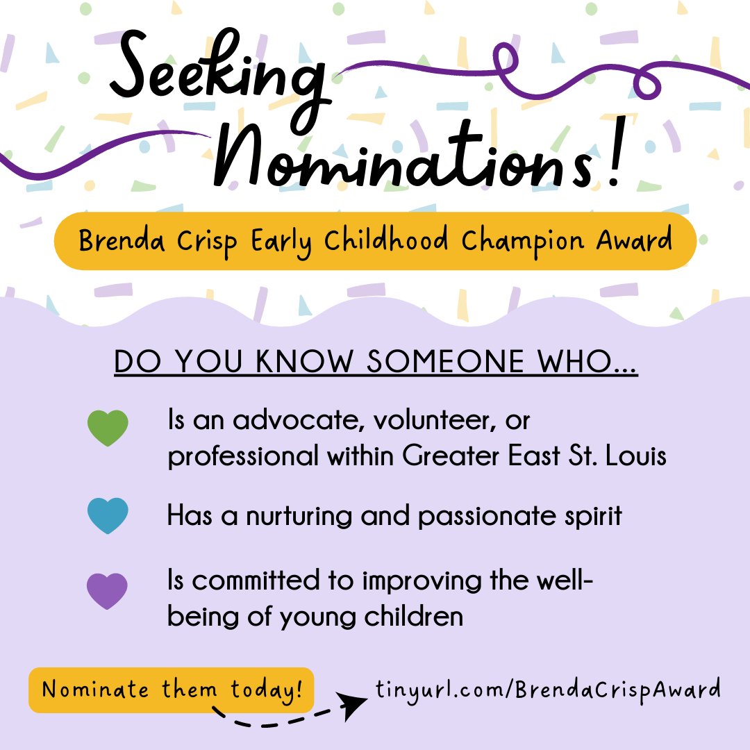Do you know someone in East St. Louis that is a champion for young children and their development? Nominate them for the Brenda Crisp Early Childhood Champion Award!
Nomination Form: tinyurl.com/BrendaCrispAwa…
Questions? Email krichardson@eastsidealigned.org
