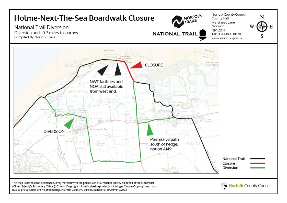 Boardwalk replacement work starts this week on the #NorfolkCoastPath along Holme Footpaths 1 and 13. A diversion is already in place and work is expected to take up to seven weeks to complete, weather permitting. #Norfolk #CoastPath #NorfolkAONB