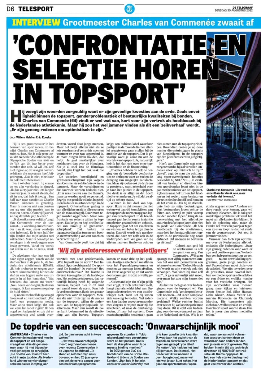 Boeiend ‘afzwaai interview’ met Charles van Commenée in <a href="/telesport/">Redactie Telesport</a>, o.a. over het creëren van dierentuintijgers daar waar we in topsport jungletijgers nodig hebben!