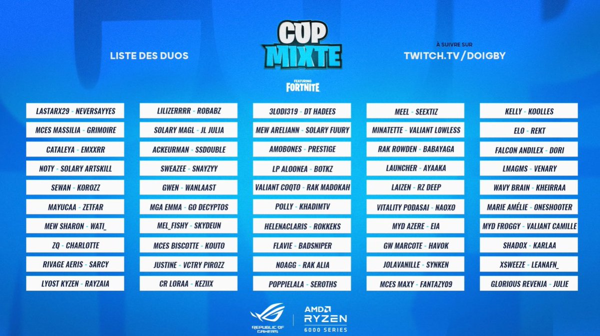 ASUS_ROG_FR's tweet photo. @Doigby @lil_Xylia @RxTSkite La liste des duos dans cette #CupMixte, du très lourd !
https://t.co/1bTn0fv0jC #ROGxAMD https://t.co/1SmJL0mKYn