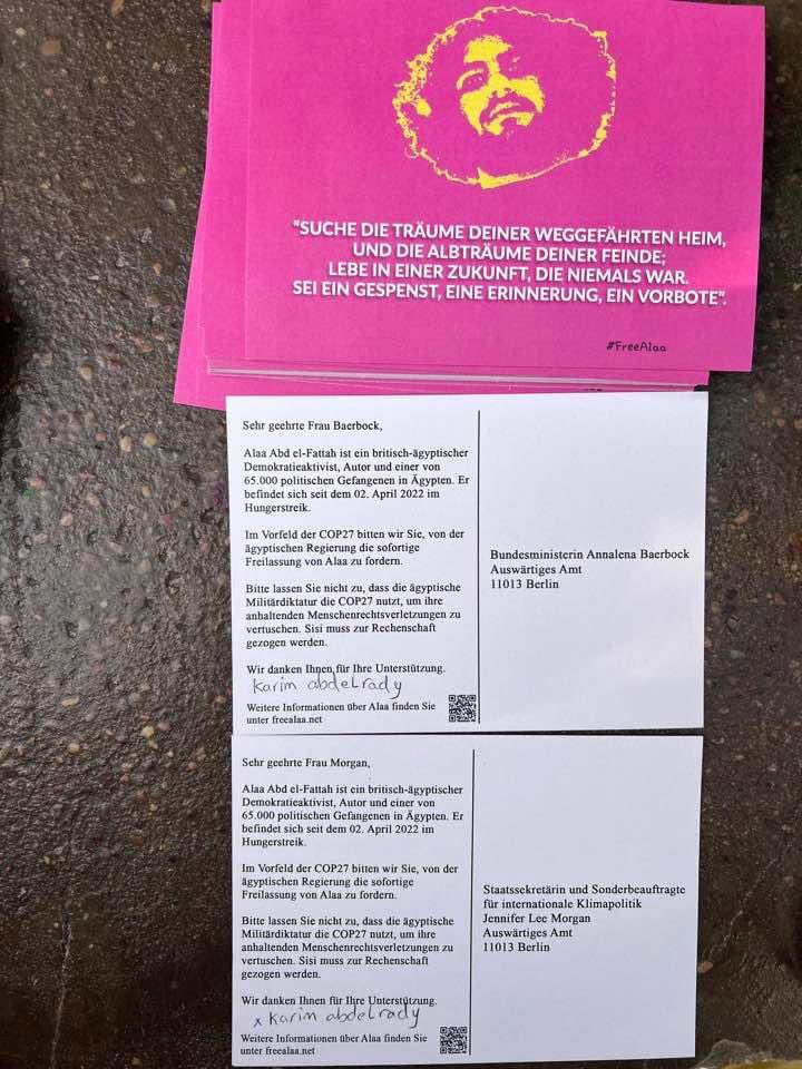 #COP27 shouldn’t be a tool to cover up the human rights violations This message to the German government to ask them to ask #Sisi to #freeAlaa Abdel Fattah and tens of thousands of opinion prisoners before COP27 in #Egypt
