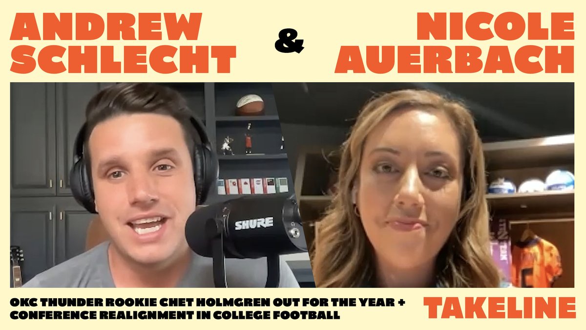 CrookedMedia's tweet photo. New #Takeline: OKC Thunder reporter @AndrewKSchlecht joins @netw3rk to discuss rookie Chet Holmgren's season-ending injury. Then, college football national reporter @NicoleAuerbach helps explain the latest news surrounding The Big Ten. https://t.co/PqBGxgOeII https://t.co/dCYylX8M6e