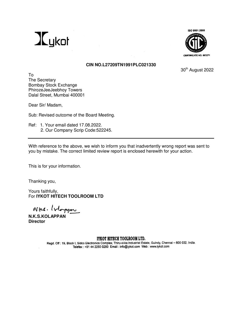 MarketUpdates6's tweet photo. IYKOT HITECH TOOLROOM LTD. - 522245 - REVISED  LIMITED REVIEW REPORT. Full Details : https://t.co/zVRlaL48vL https://t.co/eAlPFUnGCb