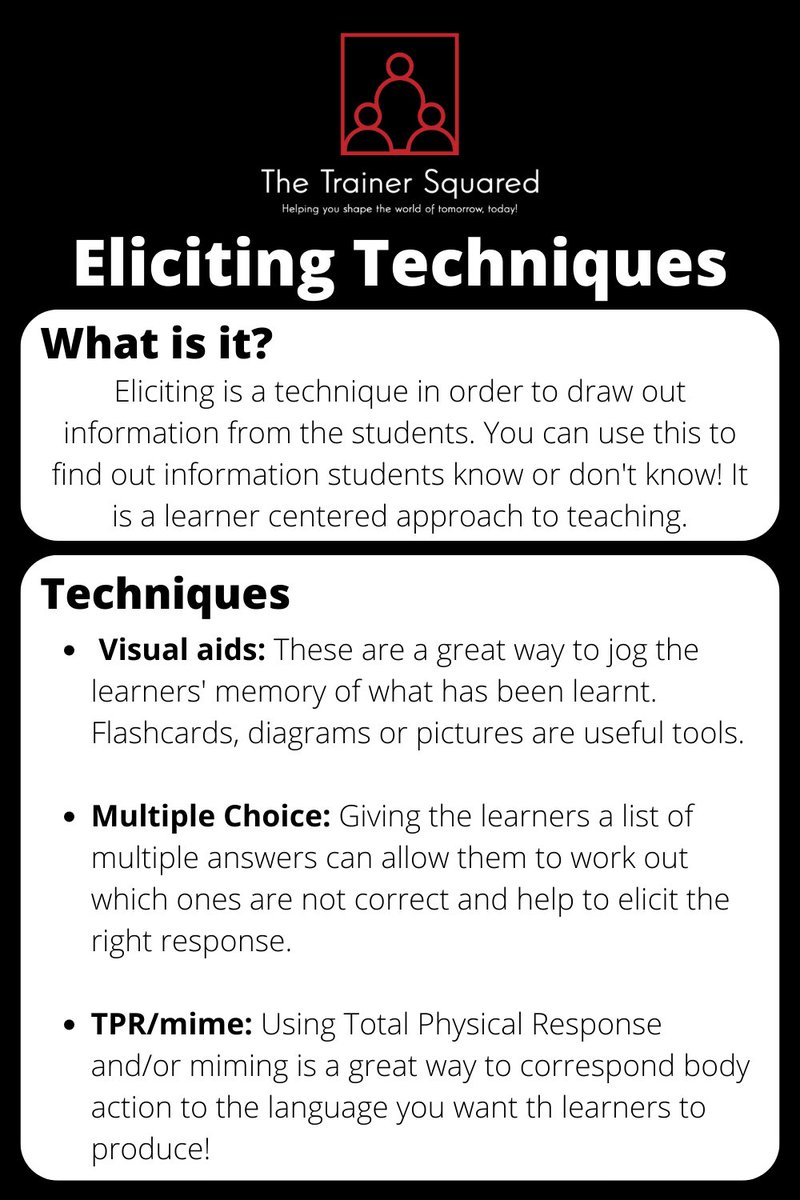 TrainerSquared's tweet photo. As an educator, it is important to try to draw out information from the learner, rather than just giving them the answer!

Eliciting is one strategy which will do just that!

#learnercentered #learning #education #teaching #teacher #esl #learn #development #thetrainersquared https://t.co/bi2qjWeqD1