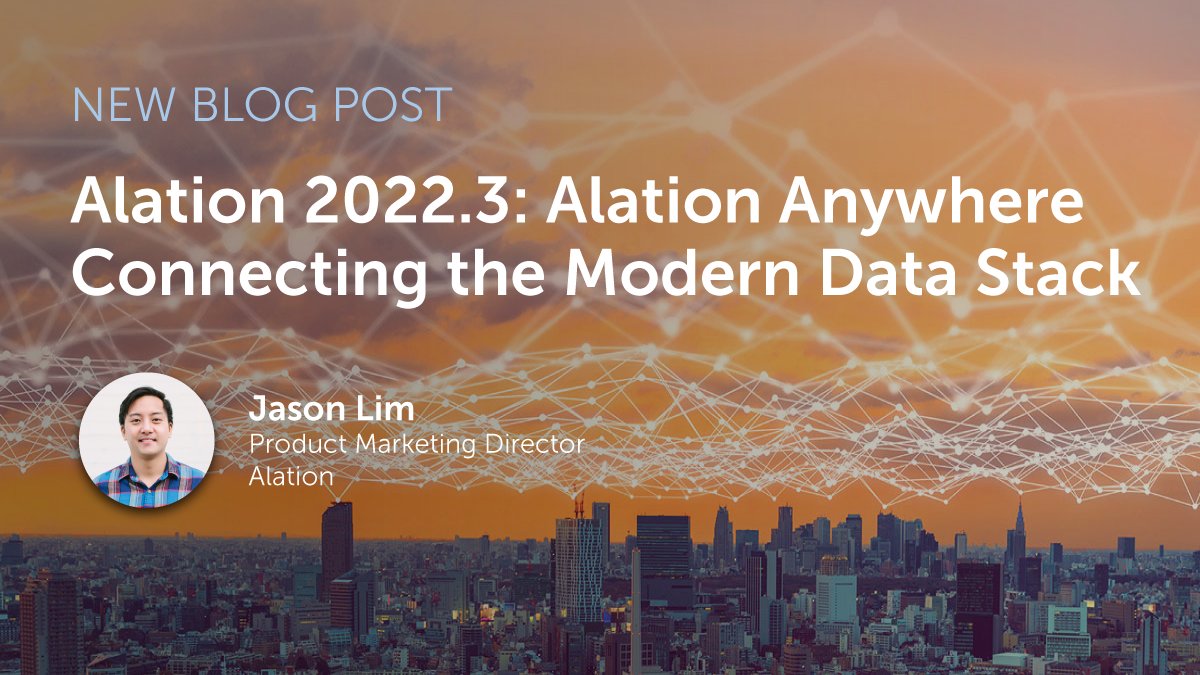 Alation's tweet photo. With Alation Anywhere, we're meeting people where they are 🤝 

Our latest product release, 2022.3, extends #DataIntelligence directly to the tools in your #ModernDataStack, starting with @Tableau. 

@jaezenlim shares more on our blog https://t.co/nhFLrj1K9x #AlationAnywhere https://t.co/jmN07cdzXn