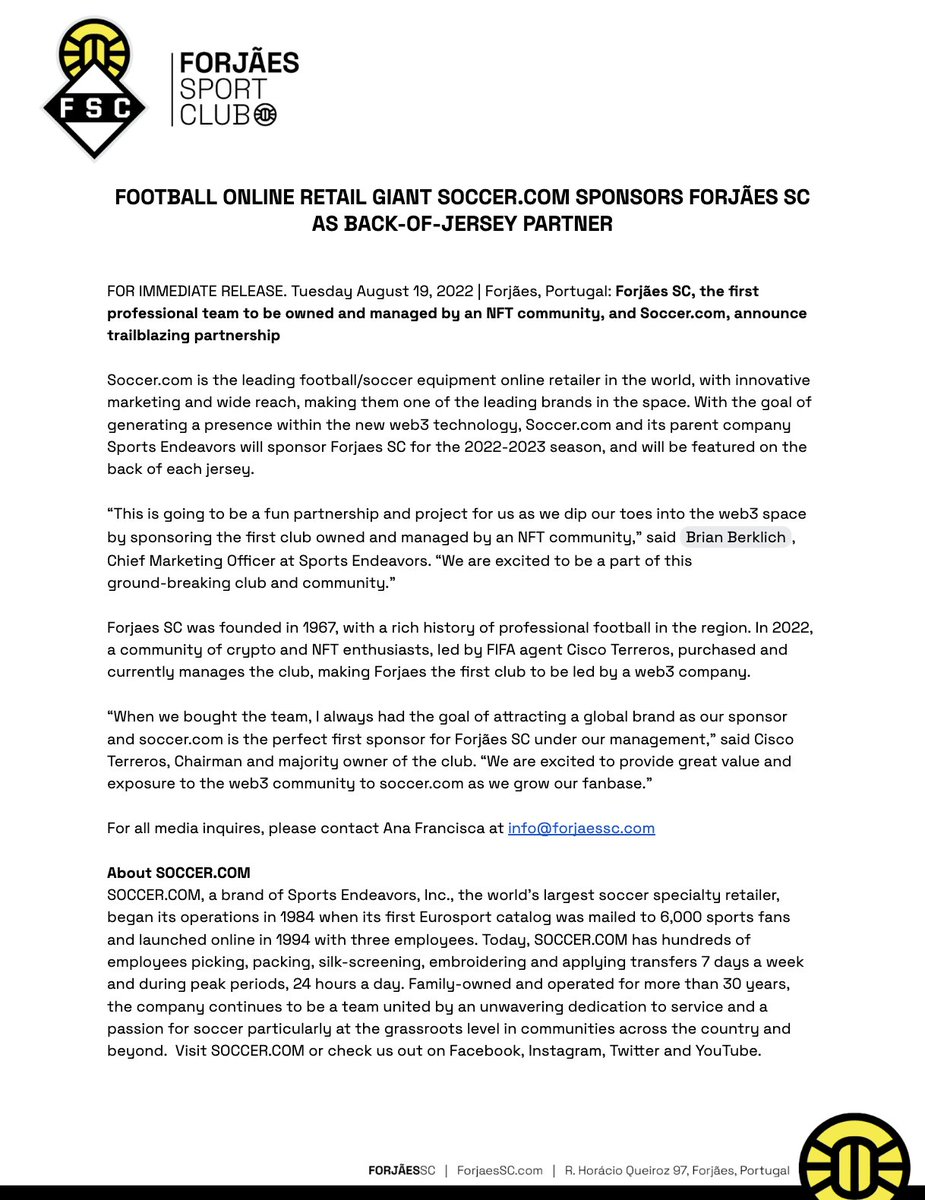 ForjaesSC's tweet photo. It's official! Forjães SC would like to welcome giant online football retailer @soccerdotcom as our official back-of-the-jersey partner. More details below: https://t.co/6G4gfV7G5E