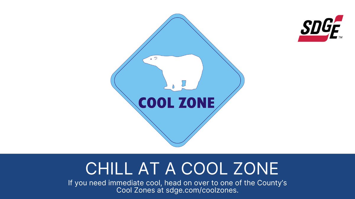 SDGE's tweet photo. Need to beat the heat? Here’s a cool idea: head on over to one of the @SanDiegoCounty's  #CoolZones. These sites provide relief during elevated temperatures in our region to help you keep cool and save on energy costs. https://t.co/EFNkhLg9uv ❄️ https://t.co/4IdBK7vIVu
