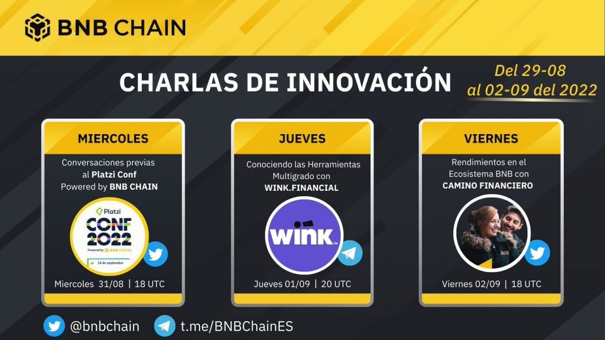 BNBCHAIN's tweet photo. Únete a nuestras Charlas de Innovación.

Esta semana, tendremos información muy valiosa y en español, de la mano de📚@Platzi, 💻@0xWink y 🪙@caminofinancie1.

📆 Guarda en tu calendario y comparte con tus amigos, te esperamos en telegram 👇🏻 
https://t.co/wqbCMRfg36 https://t.co/fzfdknv4by