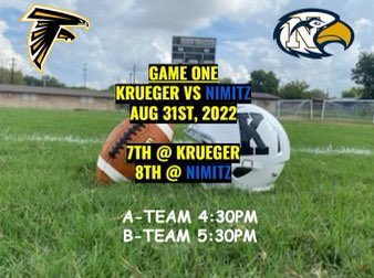 Krueger Boys Athletics (@boyskrueger) on Twitter photo Football season is back! Game one tomorrow against Nimitz Middle School. Come out and support your Falcons! <a href="/NeisdAthletics/">NEISD ATHLETICS</a> @PRINCIPALRUBIO <a href="/FalconPTA/">Krueger MS PTA</a> Football season is back! Game one tomorrow against Nimitz Middle School. Come out and support your Falcons! <a href="/NeisdAthletics/">NEISD ATHLETICS</a> @PRINCIPALRUBIO <a href="/FalconPTA/">Krueger MS PTA</a>