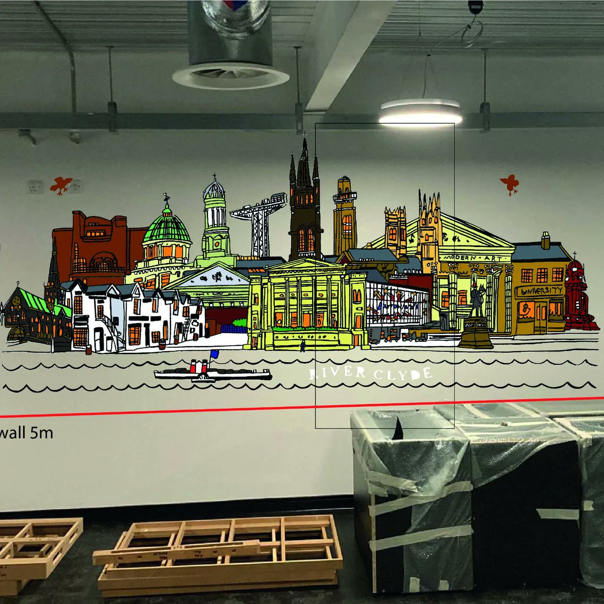 adrianmcmurchie's tweet photo. Live action hand cutting of the wall vinyl for the social area of the new @bbcstudioworks Kelvinhall. Thanks to Fiona at Autograph Signs & Jim Hamilton (as usual) @GravenHQ for sorting this so quickly #adrianmcmurchie #theglasgowillustrator #bbcstudioworks #Kelvinhall #glasgow https://t.co/zHcHrd2eLY