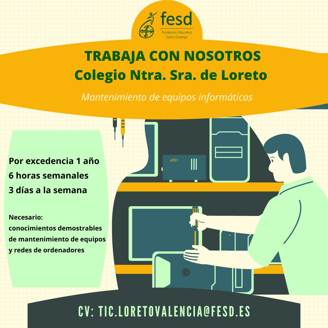 ¿Quieres trabajar con nosotros? Ofrecemos vacante de mantenimiento de equipos informáticos. #somosfesd #empleo #mantenimiento #tic