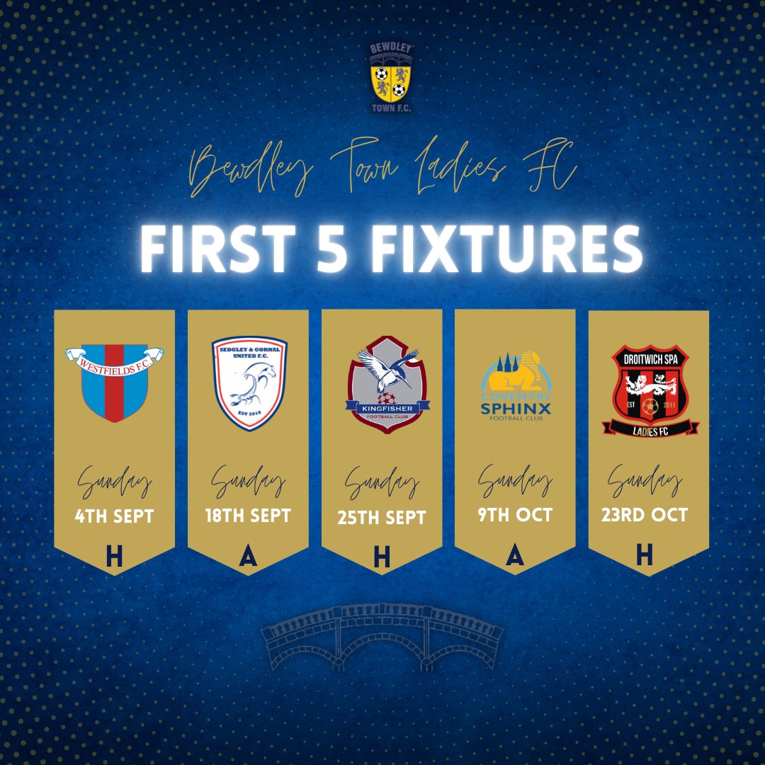 👏LET THE SEASON BEGIN!

Take a look at our first 5 fixtures which start this Sunday with our first home game. With women’s football on the rise, we’d love to see some local support for our first fixture! 

📍DY12 2TJ
🗓 4th September 
⏰ 2pm KO
🆚 <a href="/WestfieldsWomen/">Westfields FC Women</a> 
🏆<a href="/wmrwfl/">West Midlands Regional Women’s Football League</a>