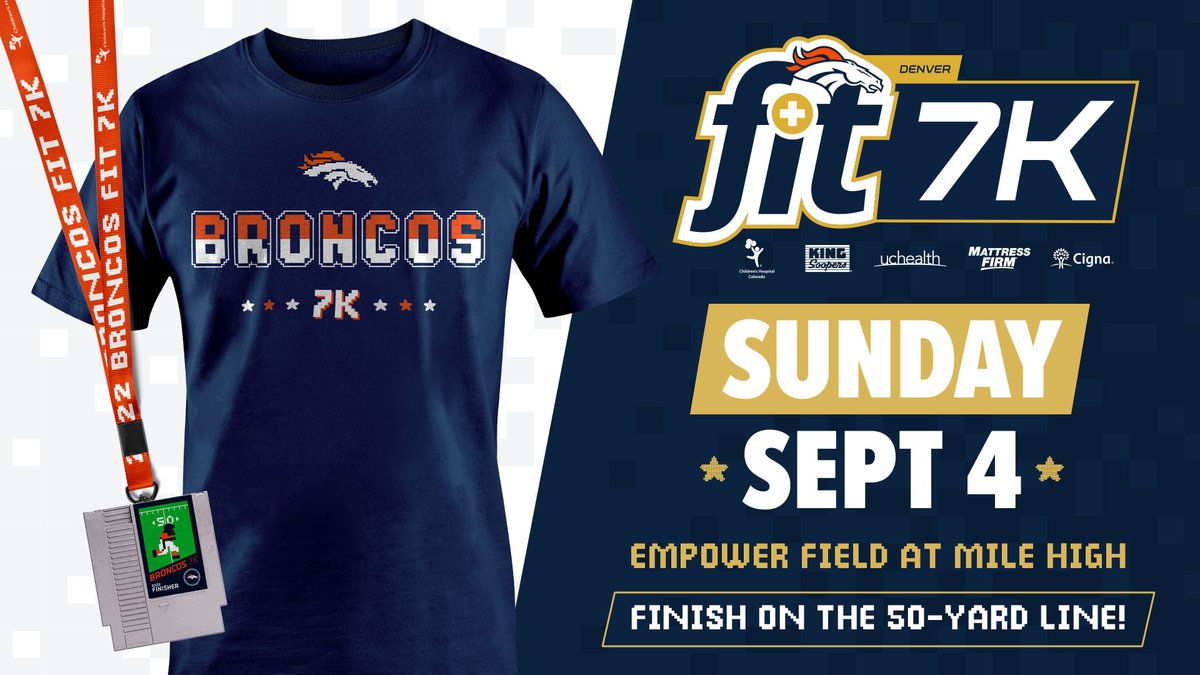 BroncosFit's tweet photo. 🏃🏃‍♀️ Hurry time is running out to register for the Broncos Fit 7K. Finish on the 50-yard line of Empower Field at Mile High.
🎮All Runners receive a limited edition 8-Bit Broncos-themed 7K T-shirt and Broncos video game cartridge medal.

Register Today! https://t.co/07oIWeY6wL https://t.co/PCSkSkzswg