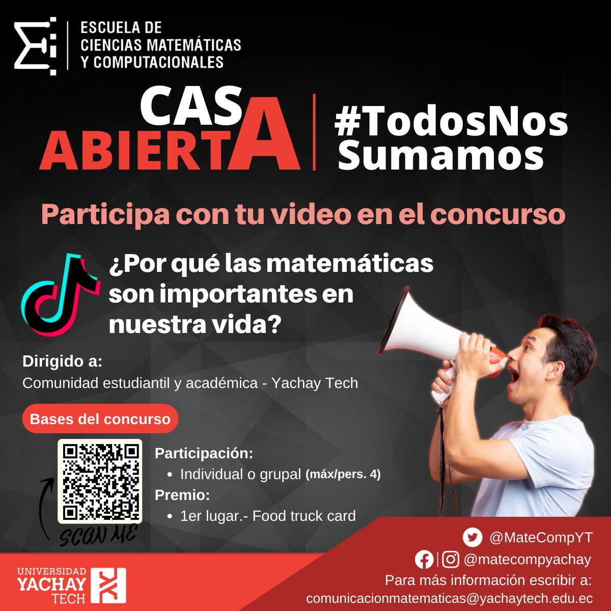 MateCompYT's tweet photo. La ECMC informa a la comunidad Yachay Tech que se ha ampliado la fecha de recepción de videos para el concurso: ¿Por qué las matemáticas son importantes en nuestra vida?
Los interesados deberán enviar sus propuestas hasta el 07/09/2022 a: comunicacionmatematicas@yachaytech.edu.ec https://t.co/p7RHlV5Jas