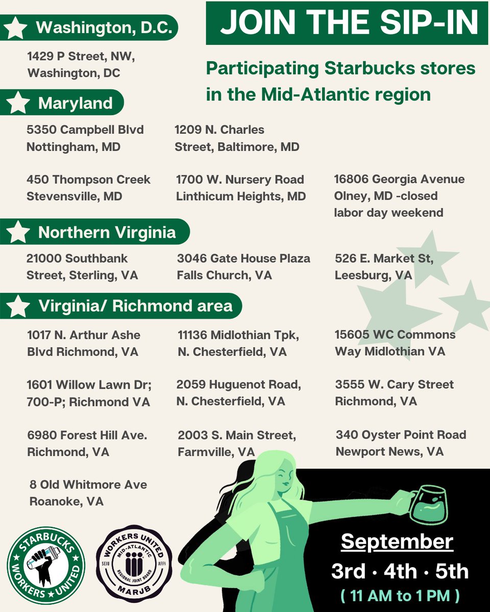 WorkersUnitedMA's tweet photo. Show support with an @SBWorkersUnited Sip-In!

Boost your impact with these resources:

#NoContractNoCoffee pledge form: https://t.co/LamPCeGx0v 

Adopt a store form for Sip-Ins: https://t.co/XRuW61ETDr

Sip In Toolkit https://t.co/BsXjugJhEs

#WUNoMatterWhat #ToBeAPartner #SBWU https://t.co/N2cERNED3I