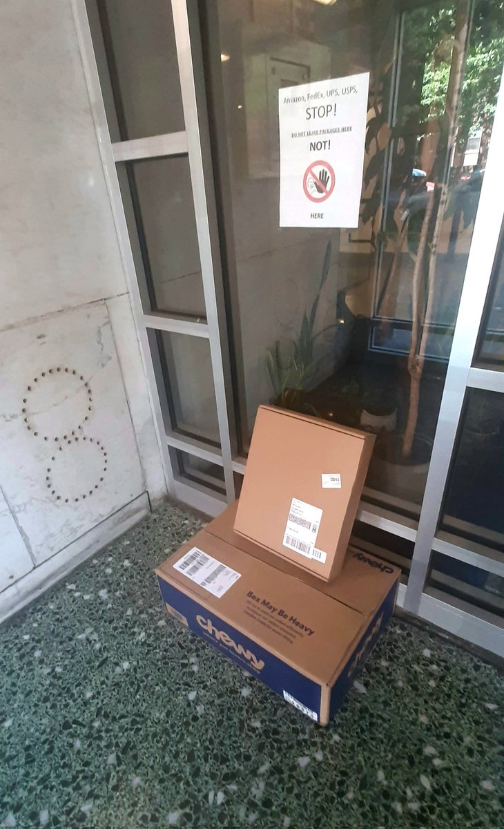 thewiseup's tweet photo. @ChewyHelp Although there is a CLEAR and prominent sign at the UNSECURED doorway of our building prohibiting deliveries from being dropped there, yet it keeps happening. It's easy enough for a driver to get buzzed in by the recipient or building supt. What to do?? https://t.co/1HPiF6OfN8