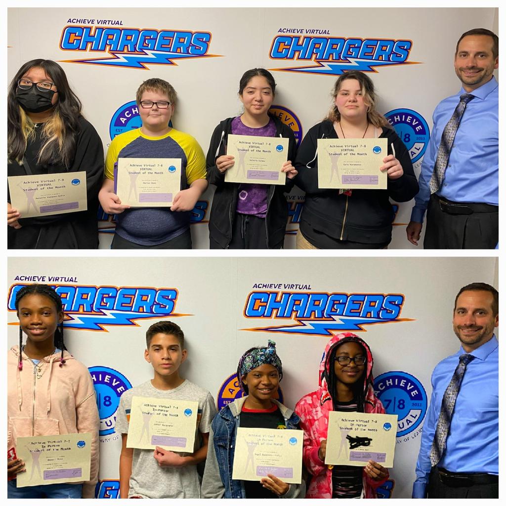 Derek_Eaton19's tweet photo. Congratulations to our Virtual and In-Person students of the month for August as selected by their Achieve Virtual 7/8 teachers!  Winners received a certificate, treat of their choice...and of course a photo op. with their principal! #wearewayne @AchieveVirtual https://t.co/k4HXl24NPL