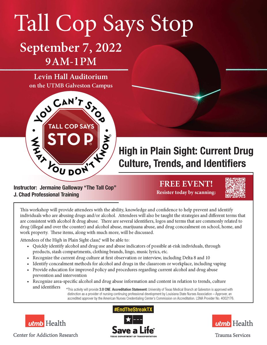 UTMBCAR's tweet photo. UTMB Center for Addiction Research and Trauma Services invites the community to this eye opening event about our community. Register today! https://t.co/H7mbag9QT4