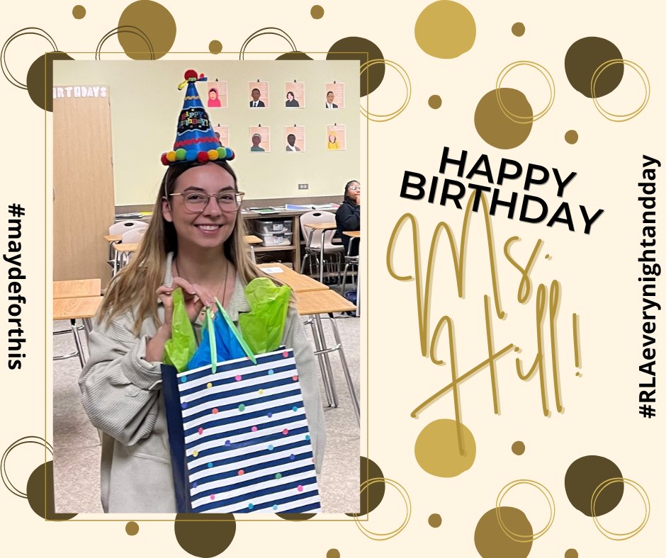 Happy Birthday to one of MCJH's BEST, <a href="/kisdMsHill/">Elyse Hill</a>! I am so thankful for your positivity, your love for kids, your growth mindset, and for being able to talk HP and ACOTAR with you!

...and for being willing to wear this birthday hat. #maydeforthis #RLAeverynightandday <a href="/MCJHGators/">Mayde Creek JH</a>