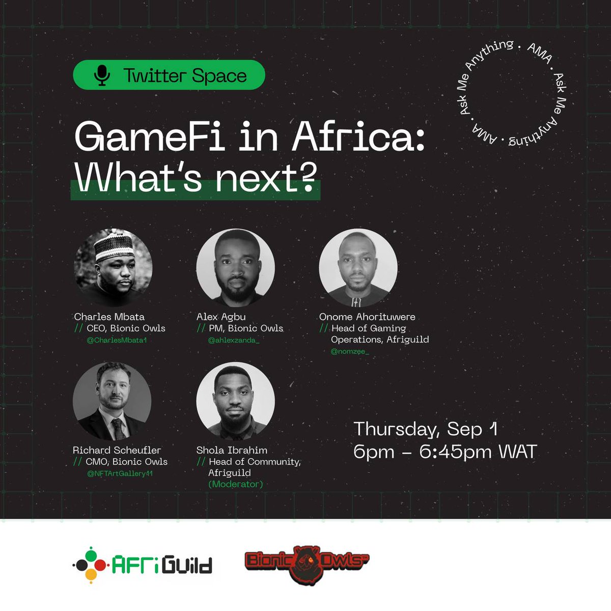 0xRenon's tweet photo. Join our Twitter Space with @AfriGuild 
Topic: GameFi in Africa - What's Next?

https://t.co/RQxr4YonLO
📆 Thursday 1st September 6pm WAT

Host: @AfriGuild

Speakers: @CharlesMbata1 @ahlexzanda_ @NFTArtGallery11
Mark your calendars, see you there 👍

#GameFi‌ #BionicOwl #P2EGames https://t.co/0s1rruIJjU