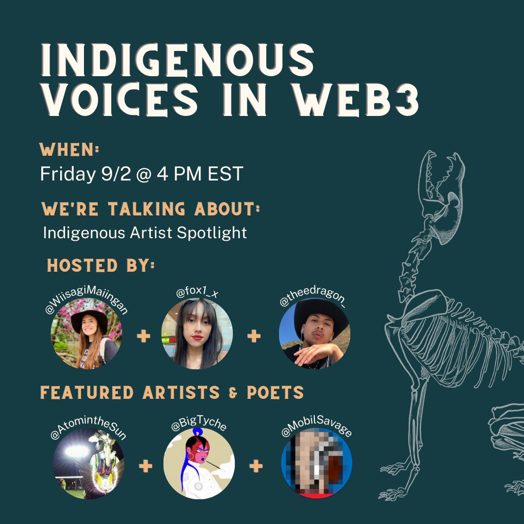 Indigenous Voices in Web3 is back on Friday, 9/2 at 4pm EST with an Artist Spotlight! We're talking art, poetry, and more! 

Hosts: <a href="/fox1_x/">RunningFox</a> @theedragon_  <a href="/WiisagiMaiingan/">Wiisagi-ma’ iingan (A)</a> 
Artists &amp; Poets: @AtomintheSun <a href="/BigTyche/">Big Fortuna Tyche</a> @MobilSavage 

RSVP to the Space: x.com/i/spaces/1MYxN…