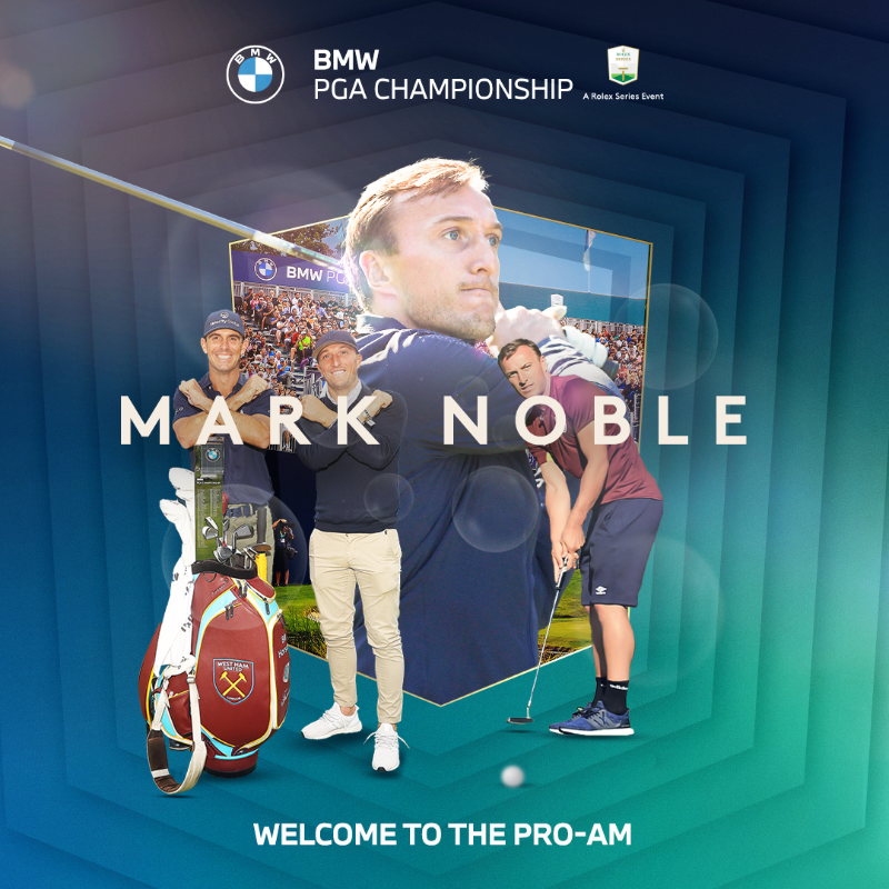 BMWPGA's tweet photo. ⚒ @WestHam legend Mark Noble will play in next week's highly-anticipated celebrity Pro-Am...alongside massive Hammers fan and our reigning champion, @BillyHo_Golf 🤝

Hammers-themed golf bags at the ready, lads ⚒

#BMWPGA | #RolexSeries
