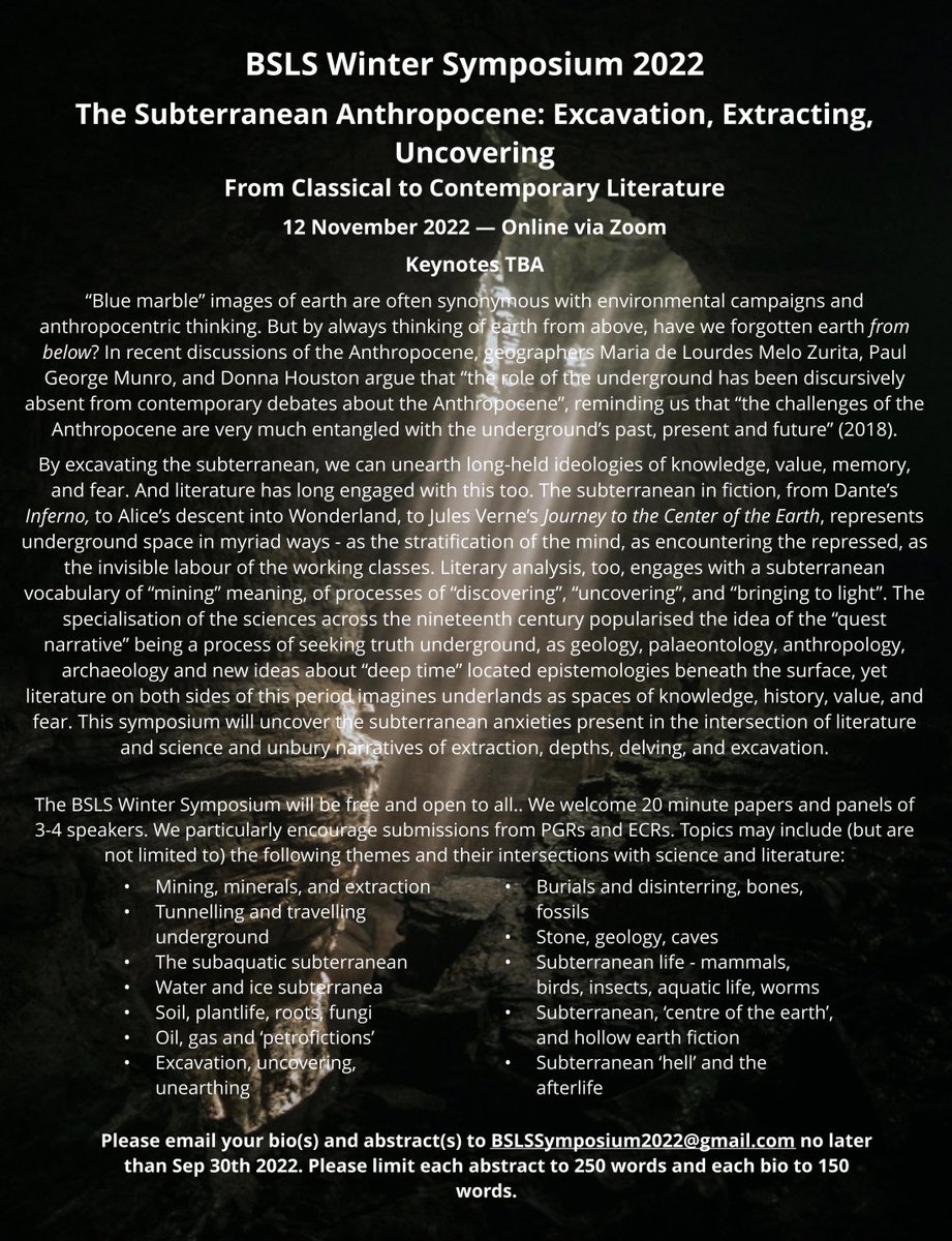 emi_rowe's tweet photo. One month till the deadline for abstracts for @TheBSLS Winter Symposium - The Subterranean Anthropocene. It’s online, free, open to all, and we’re keen to hear from postgrads and ECRs. Feel free to drop me a message if you have questions! https://t.co/Ekm9dcNZ1Q