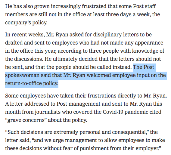 kemettler's tweet photo. Hm.

At bargaining two weeks ago, the company flatly rejected all ideas @PostGuild offered to make The Post's remote work policies more transparent and flexible – even after dozens of members gave hours of testimony on the topic.

Fred Ryan did not attend.
https://t.co/WVWHKxf7zx https://t.co/fpKqDdqiCK
