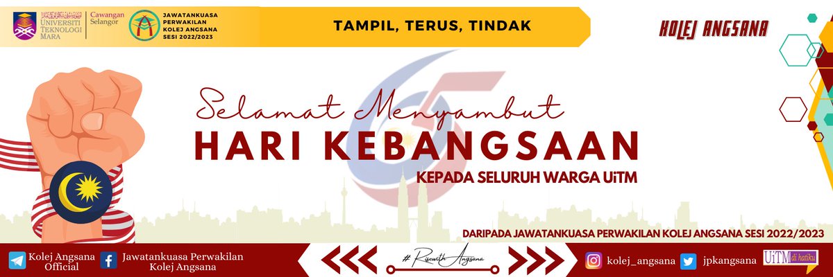 jpkangsana's tweet photo. RABU | 31 OGOS 2022

Assalamualaikum WBT
Salam UiTM Dihatiku
Salam Angsana.

🇲🇾 SELAMAT MENYAMBUT HARI KEMERDEKAAN YANG KE-65 🇲🇾 

Jawatankuasa Perwakilan Kolej Angsana sesi 2022/2023 ingin mengucapkan Selamat Menyambut Hari Kemerdekaan yang ke- 65 kepada seluruh warga UiTM. https://t.co/juXa82P8mF