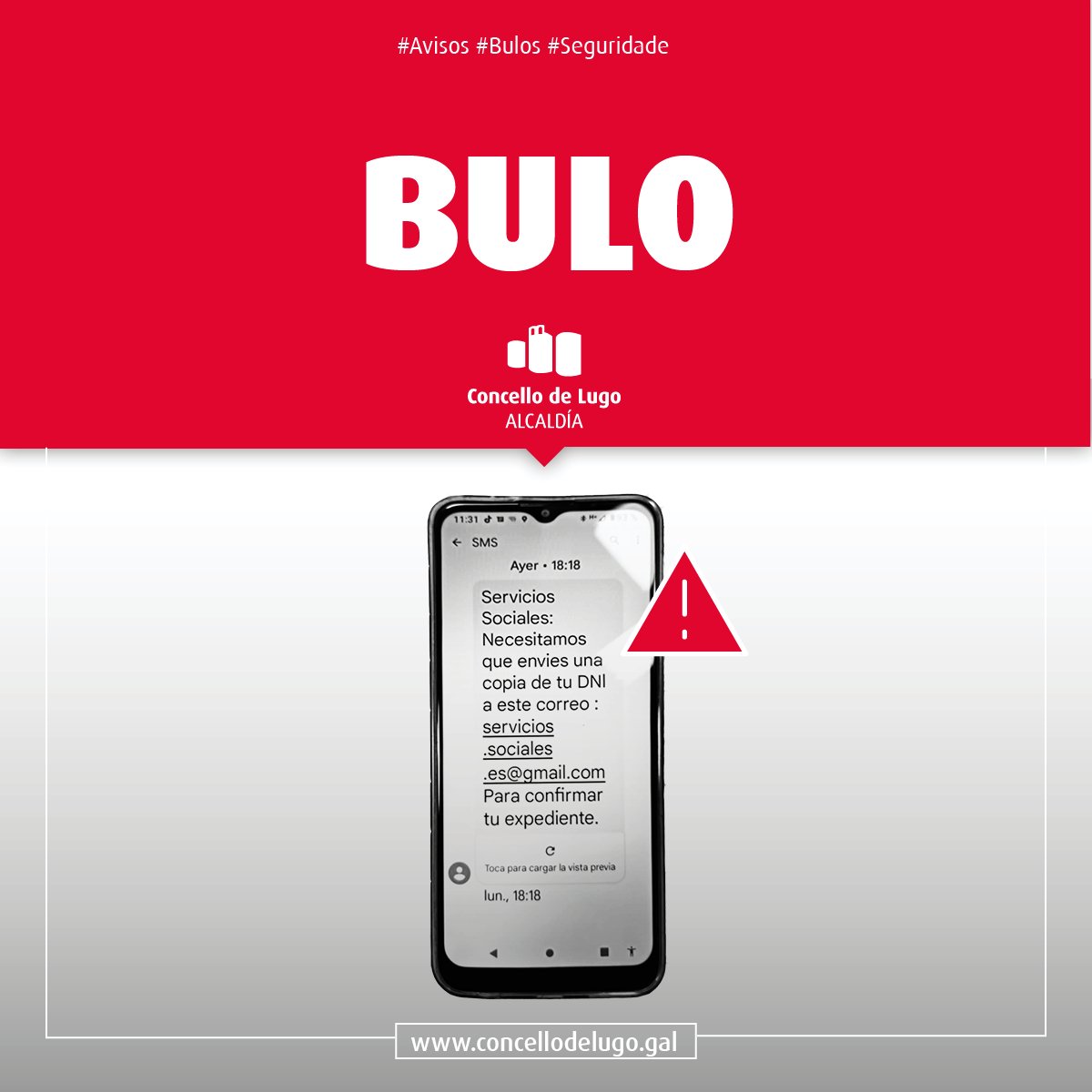concellodelugo's tweet photo. 🛑⚠ COIDADO #BULO 🛑⚠
Despois de que varias persoas nos fixeran chegar este tipo de mensaxes, queremos aclarar que desde o @concellodelugo non estamos a solicitar ningún dato persoal a través de sms.

Axúdanos a difundir, 
RT para que se entere todo #Lugo!

#StopBulos https://t.co/sGwG92OWjk